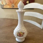 Vintage 1970s Avon Hobnail Milk Glass Floral Perfume Bottle/Bud Vase w/Stopper