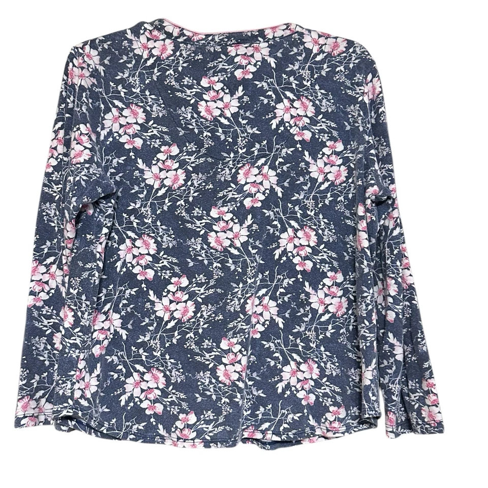 Encore Karen Neuburger Floral Pajama Set M Button Up Blue Pink V Neck Long Sleev - Image 4 of 4