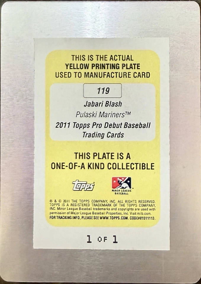 2011 Topps Pro Debut 119 Jabari Blash Yellow Printing Plate #1/1 Mariners - Image 2 of 2