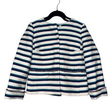 Talbots White Navy Teal Striped Tweed Jacket Womens 2P