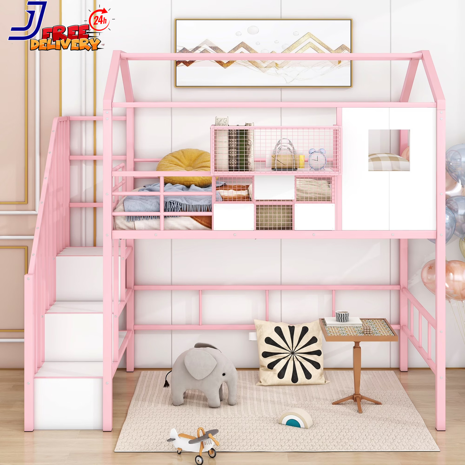 Twin Loft Bed with Cabinet Solid Metal House Bed for Kids Te