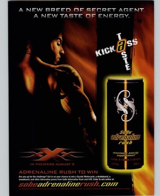 2002 Vtg Print Ad SoBe Adrenaline Rush Energy Drink Vin Diesel Movie Promo Art 