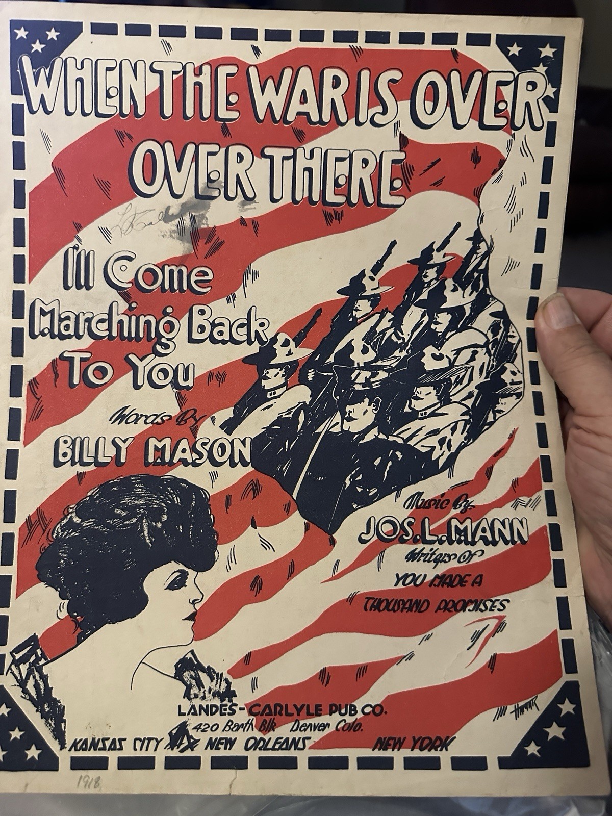 1918 Denver Colorado 11x14 WW1 Sheet Music WHEN THE WAR IS OVER OVER THERE