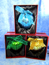 Set of Three Heart-Shaped Ornaments in Blue, Green Gold w/Ribbon Hangers - NIB