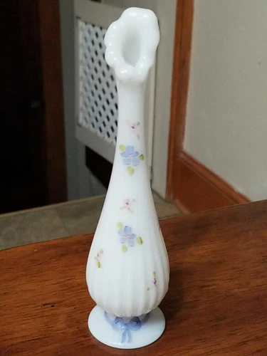 Vintage Fenton Glass Swung Bud Vase Hand Painted Violets Signed V. Gherke