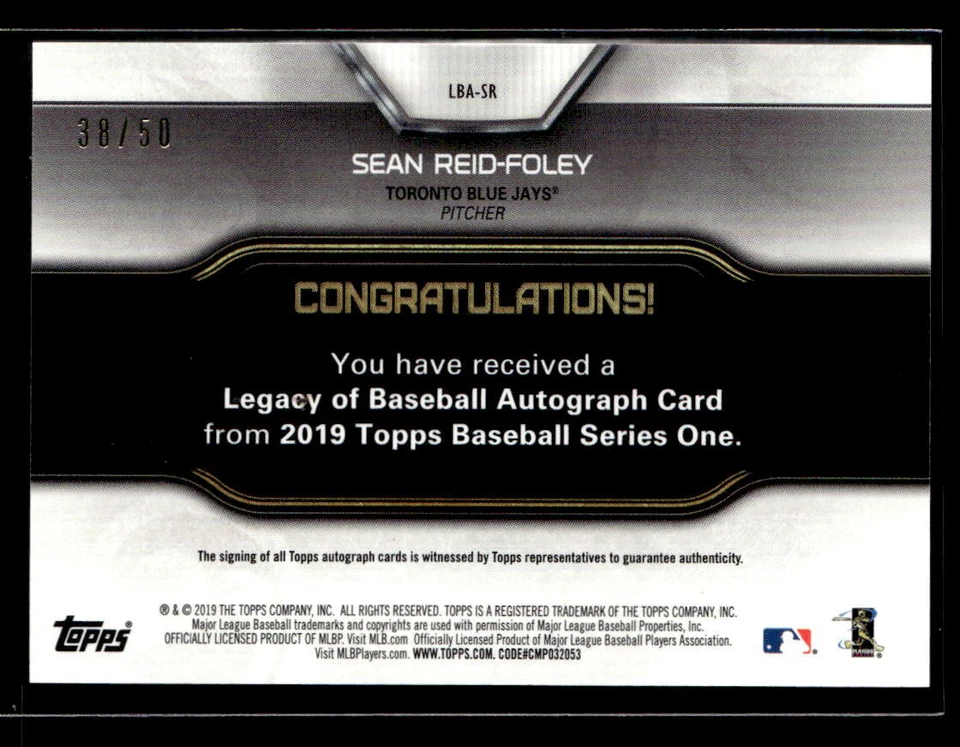Sean Reid-Foley #'d /50 AUTO - 2019 Topps Legacy of Baseball Autographs Gold - Image 2 of 2