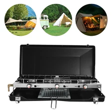 3 Burner Modern Portable Cooking Propane Butane Gas Camping Stove W/ Grid + Tray