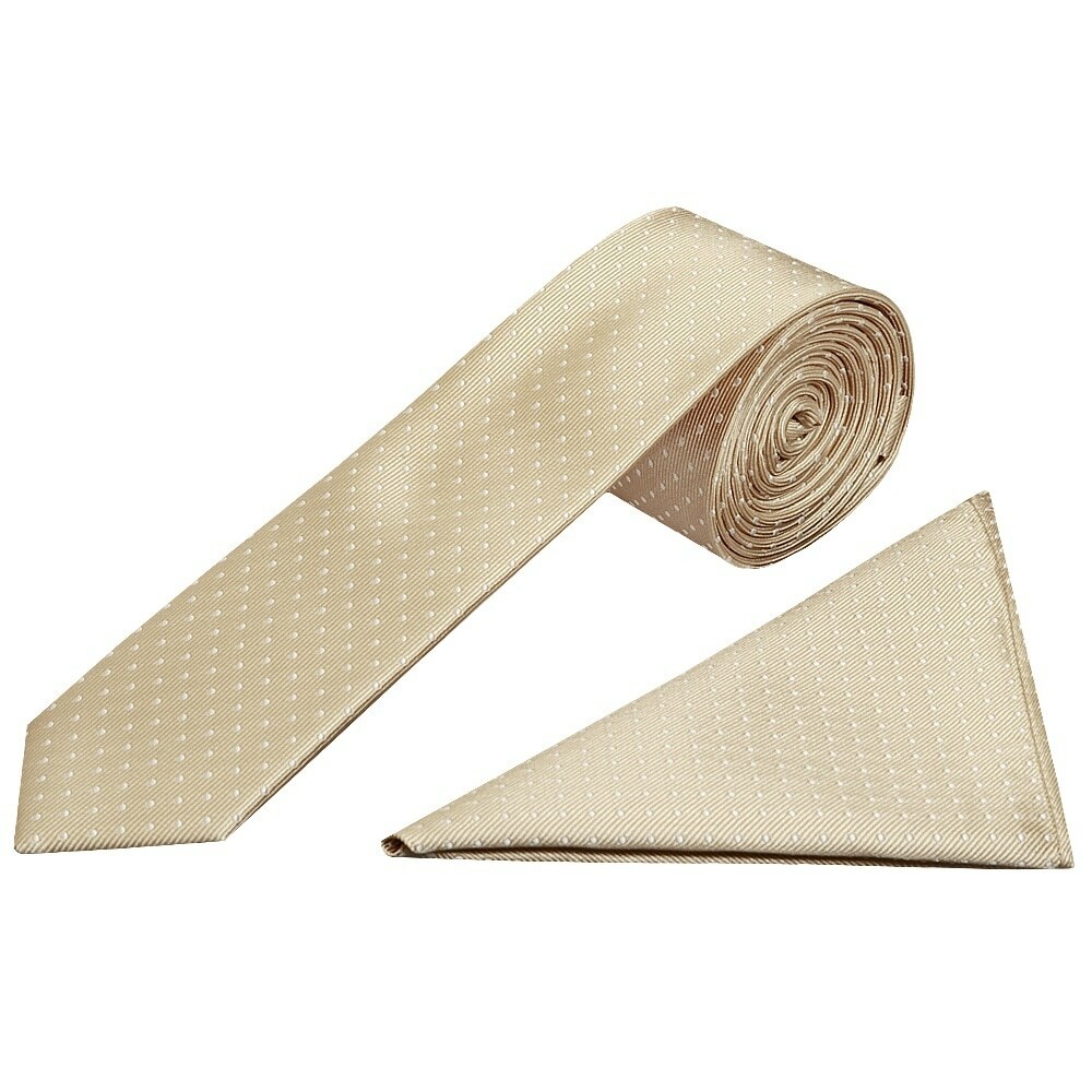 Handmade Champagne and White Polka Dot Skinny Boys's Tie and Handkerchief Set