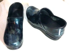 Dansko Clogs Black/Blue Patent Leather Floral Print Slip On Shoe Size 36 E 6 US