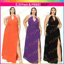 Women's Plus Pleated Gold Trim Neck & Belt Cut Out??Chest Maxi Dress Clubwear