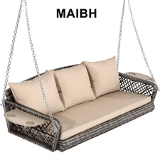 MAIBH 3-Seats Wicker Hanging Porch Swing Chair Outdoor Rattan Patio Swing Lounge