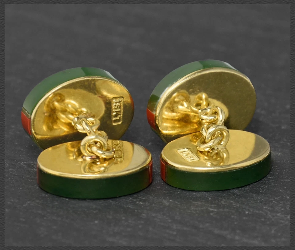 Manschettenknöpfe aus 750 Gold mit Achat, Nephrit & Gold Einlage, 18K Gelbgold - Bild 2 von 4