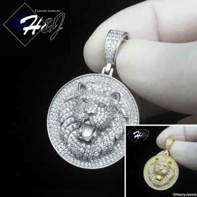 MEN 925 STERLING SILVER ICY CZ GOLD PLATED/SILVER LION HEAD ROUND  PENDANT*SP479