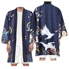 Unisex Ethnic Long Kimono Japanese Vintage Crane Cardigan Bathrobe Yukata Party