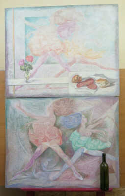 Two Large Vintage Paintings Ballerina Classical Dance Ice Technique PS