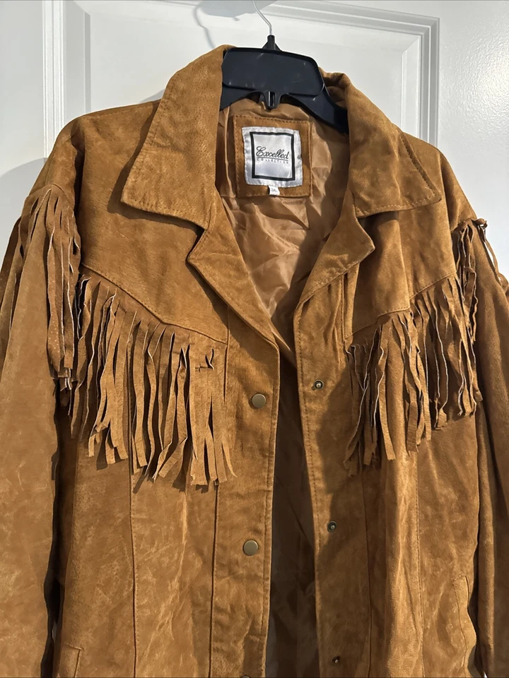 Abrigo occidental vintage de cuero excelente para mujer con flecos talla 3XL marrón Foto 3 de 4