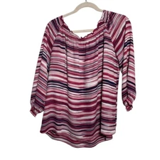 Counterparts Blouse Women's Medium Colorful Striped 3/4 Sleeve Ruffle Neck Shirt
