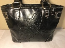 Tommy Bahama Bag Handcrafted Black Leather Tote  Purse Embossed Tropical Flowers