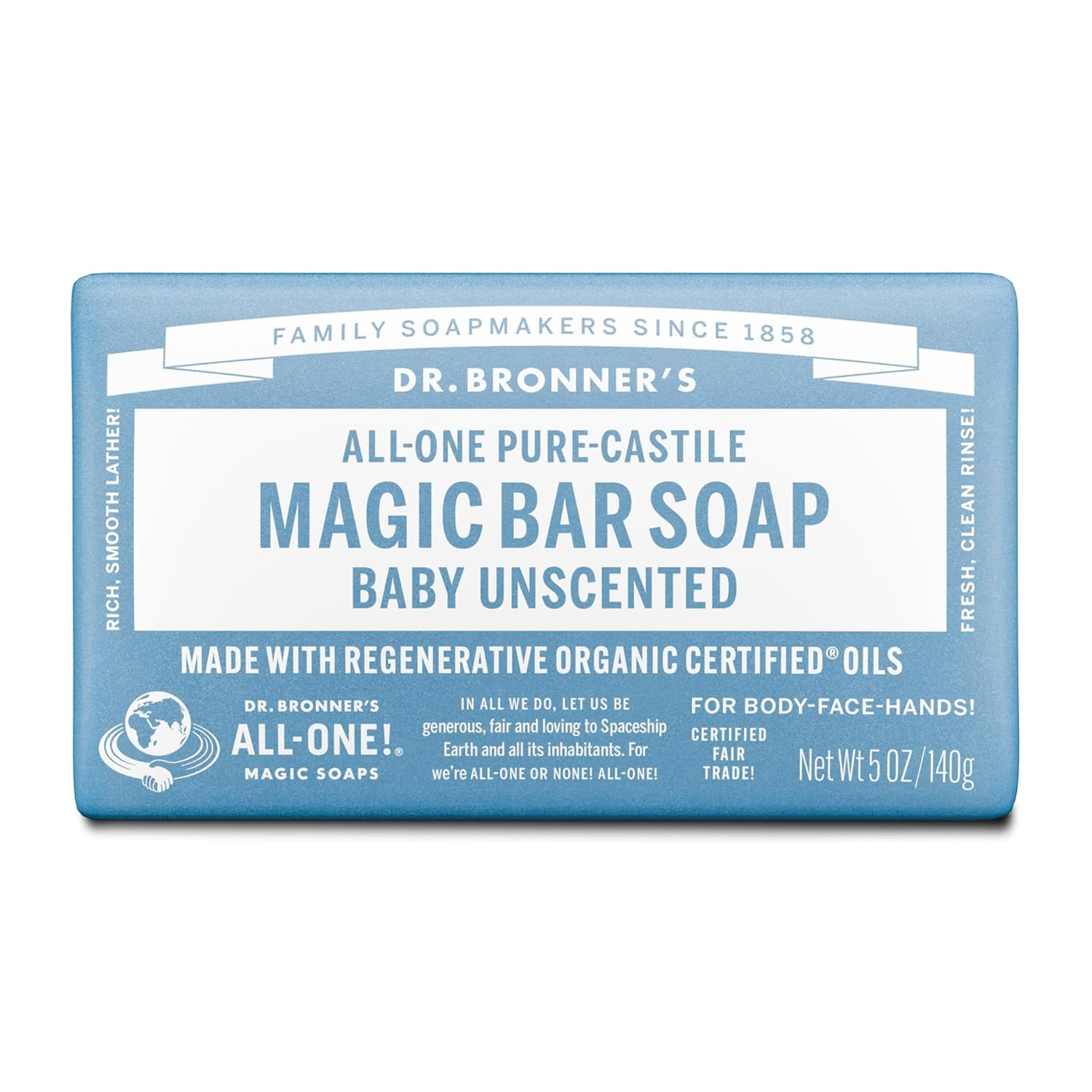 Dr Bronner'S 3-In-1 Baby Unscented Pure-Castile Bar Soap, Made with Organic Oils