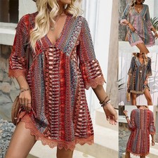 Womens Boho V-Neck Printed Mini Dress Casual Loose Beach Summer Vacation Sundres