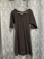 Samson Black Boho Lagenlook 3/4 Sleeve V-Neck Dress W/ Embroidered Accents Sz M