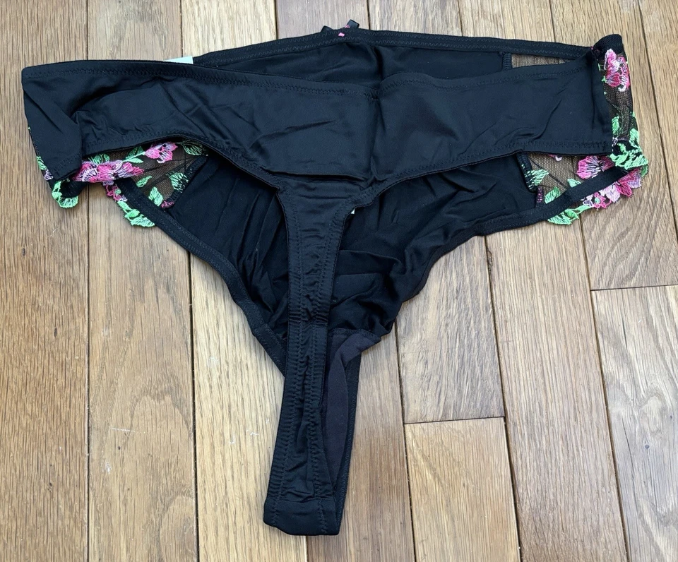 Plus Size 14/16 Lane Bryant Cacique French Cut Thong Panty Black Lace Embroidery - Image 2 of 4