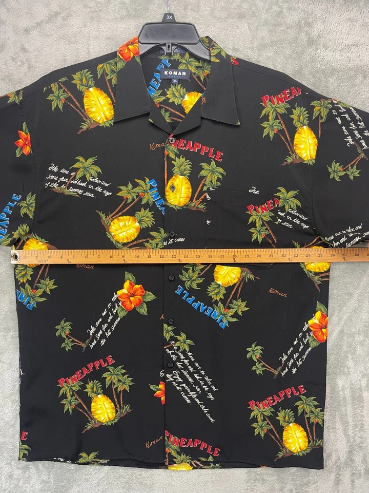 复古 Koman 运动夏威夷衬衫男式 XL 黑色菠萝花卉营地 Aloha — 第 2/4 张图片