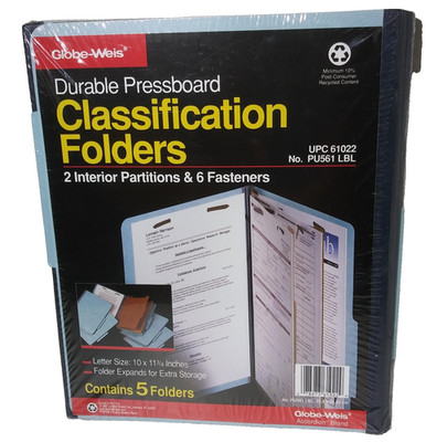 Globe Weis PU561-LBL Classification File Folders 5-Pack, 2 inner partitions