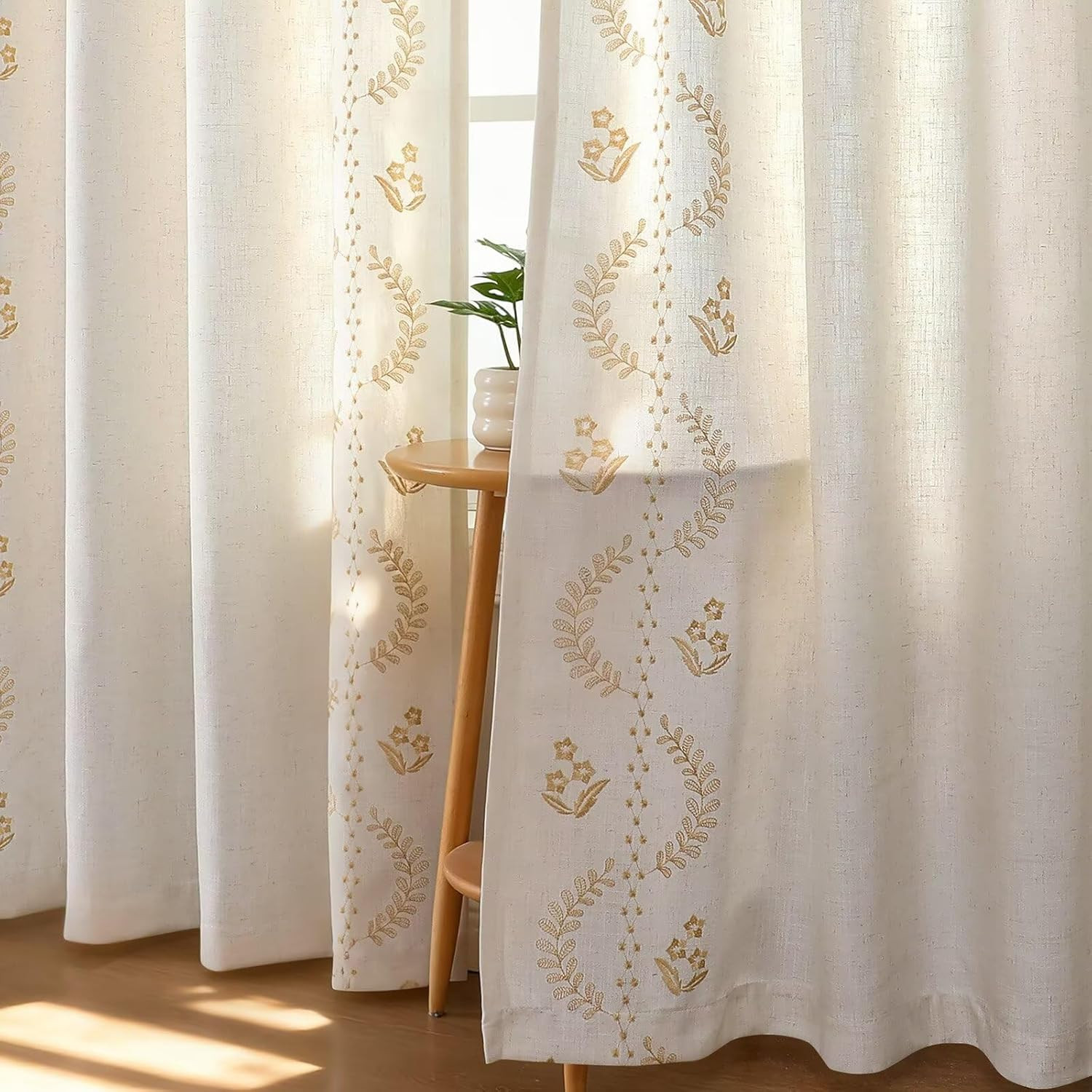 Vintage Floral Gold Embroidered Curtains 96" Long, 2 Panel S