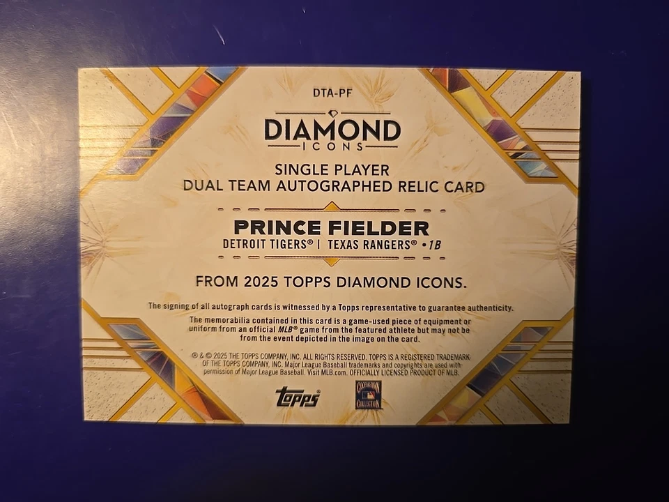 2025 Topps Diamond Icons Prince Fielder DUAL TEAM JERSEY AUTO RELIC /25 - Image 2 of 2