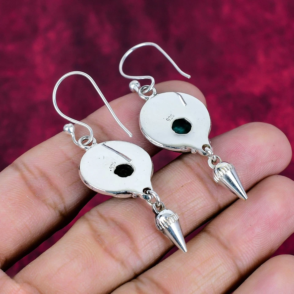 Lab-Created Emerald Gemstones Handmade 925 Sterling Silver Jewelry Earrings - Image 2 of 4