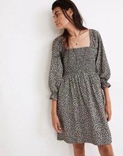 Madewell Lucie Elbow Dress Large Black White Floral Smocked Puff Sleeve
