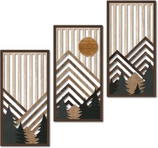 Putuo Decor Boho Mountain Wall Art Set of 3, Rustic Wooden Wall Decor, Nature-In