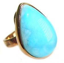 Natural Blue Larimar Ring 18K Gold Over 925 Sterling Silver Size 8 Handmade
