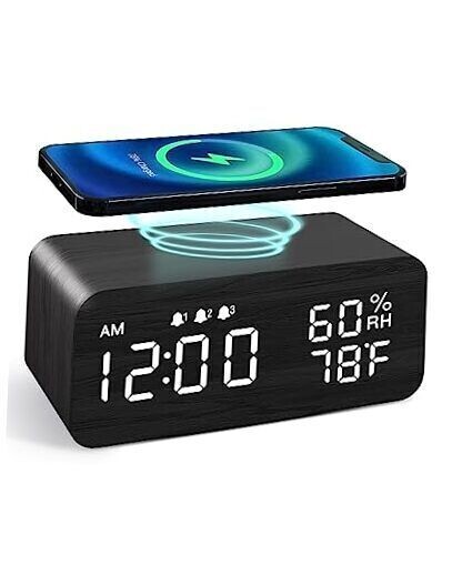 Wooden Digital Alarm Clock with Wireless Charging, Dimmable, Adjustable Grey