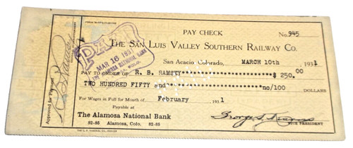 1931 SAN LUIS VALLEY SOUTHERN RAILWAY SAN ACACIO COLORADO EMPLOYEE PAY CHECK 945