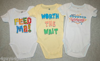 Baby Boys 1 Pc Bodysuit 3 LOT White Yellow FEED ME Worth the Wait DAYCARE 3-6 MO