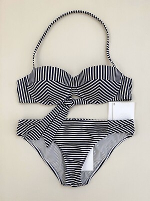 Tory Burch Navy Classic Striped Underwire Bra Hipster Bottom Swim Suit Two Piece