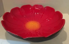 Mid Century Red Poppy Pottery Large Bowl Faux Wood Bottom USA