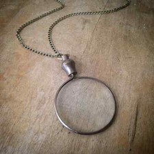 Antique Finish Brass Magnifying Glass w/ Chain, Round Magnifier, Monocle Pendant