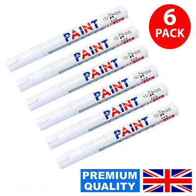 6 WHITE PAINT MARKER PENS PERMANENT CAR TYRE BIKE METAL RUBBER WOOD OIL BASED