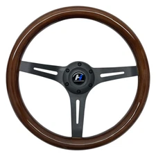 Universal 14" Classic Wood Grain Steering Wheel Brushed 3-Spoke 1.5 Depth 6 bolt