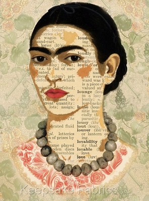 Frida Kahlo Love Floral Collage Cotton Crazy Quilt Block (K1