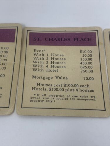 1935 Monopoly PRE PATENT single sided Property Cards States St Charles Virginia - Picture 3 of 8