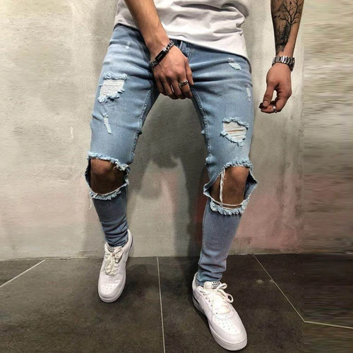 Women Men Skinny Stretch Ripped Jeans Distressed Frayed Fit Denim Pants Trousers - Picture 3 of 10