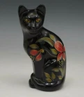 FENTON BLACK CAT FIGURINE ORANGE TROPICAL FLOWERS 100 YEAR ANNIVERSARY 5.25"