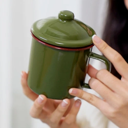 Armygreen Enamel Mug Vintage Travel Camping Tea Cup with Lid Drinkware - Imagen 4 de 7