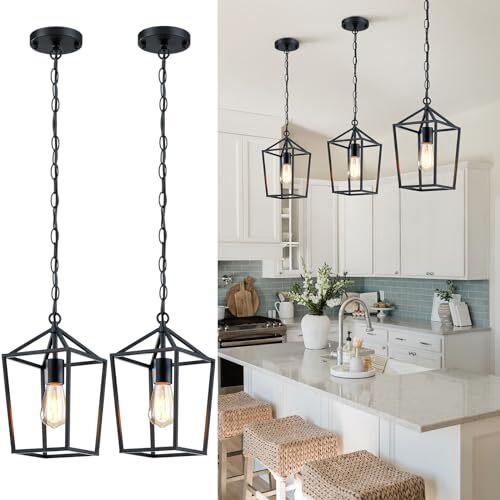 3 Pack Farmhouse Black & Gold Pendant Lights - Industrial Cage Lanterns For Kitchen Island