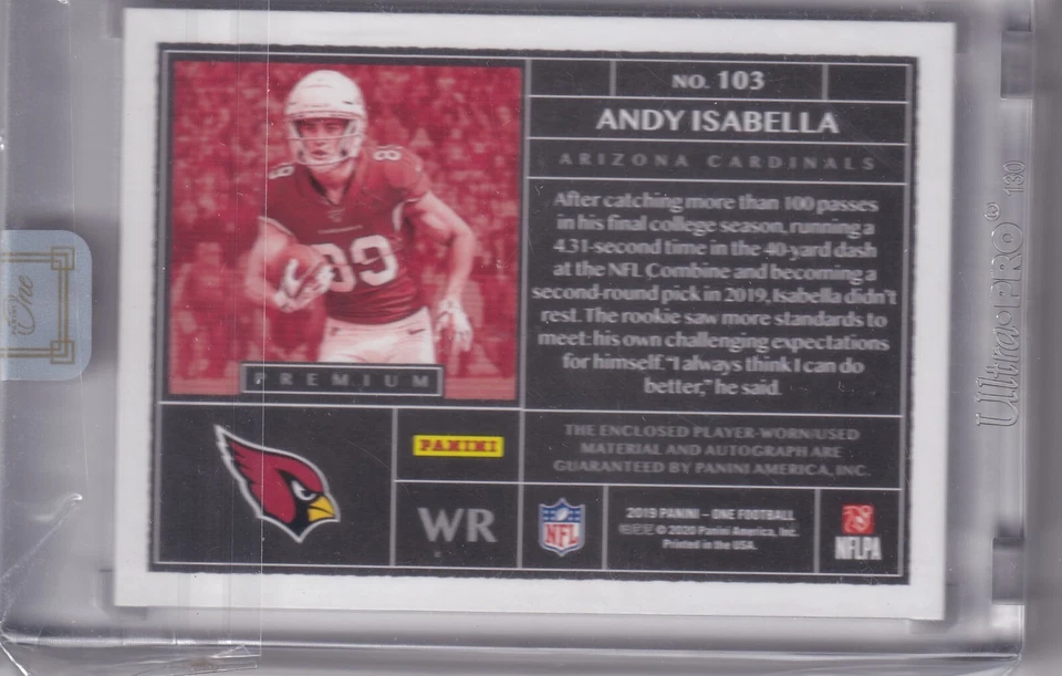 Andy Isabella 2019 Panini One Red Premium Patch Rc On Card Auto (6/15) - Image 2 of 2