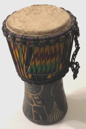 $65 African Hand Carved Elephant Black Wooden Art Style Tribal Djembe Drum - Afbeelding 1 van 8